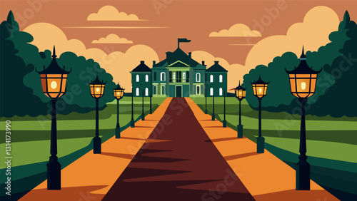 The old gas lamps that lined the path to the manor house gave off an air of grandeur and sophistication befitting the wealthy and noble owners.. Vector illustration