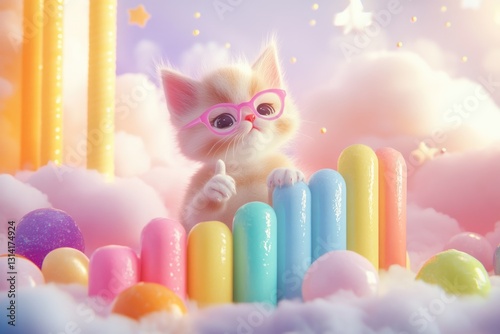 Adorable kitten wearing glasses gives thumbs up amidst pastel rainbow landscape and fluffy clouds.
