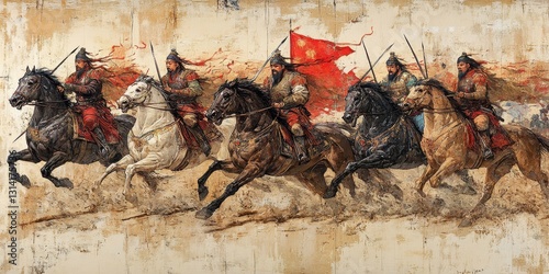 Tatar-Mongols galloping on horseback into battle, wielding sabers, depicted in an ancient painting