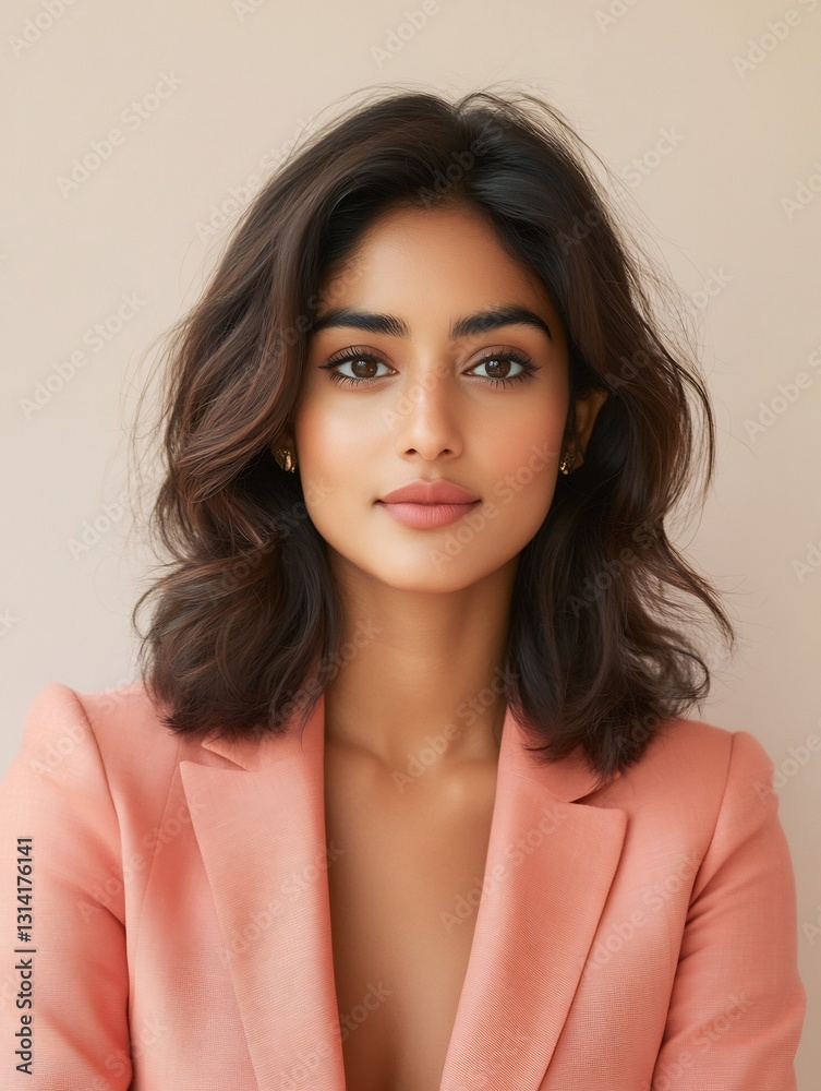 Fototapeta premium Powerful South Asian Businesswoman in Coral Blazer