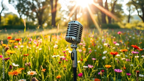 A standalone microphone surrounded by wildflowers in a meadow, with sunlight streaming through, symbolizing the voice of the press thriving in freedom, the harmony of nature and sound