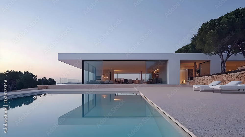Fototapeta premium Luxury Modern White Villa With Infinity Pool And Ocean View At Dusk In Ibiza
