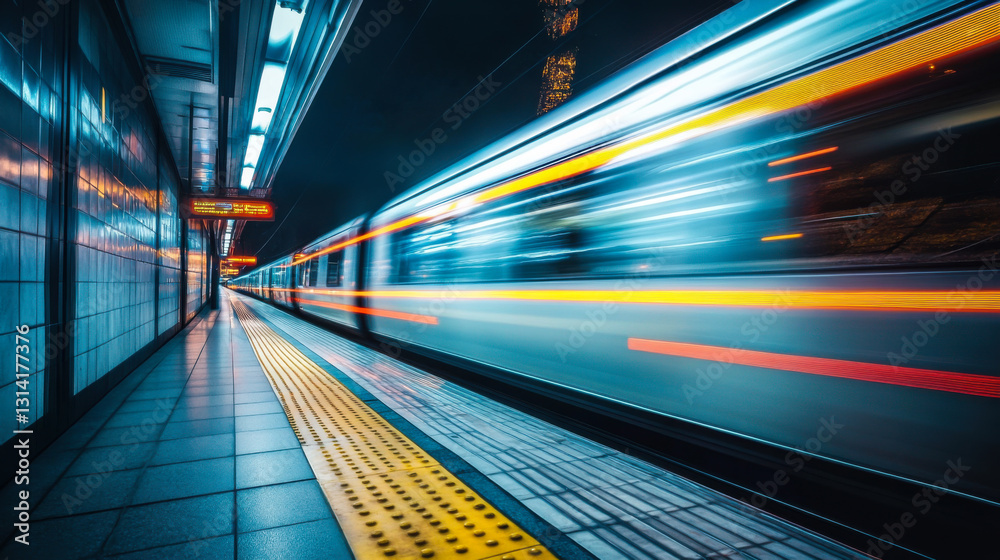 Fast-moving train approaches platform at night in urban transit station with vibrant light trails Fast-moving train approaches platform at night in urban transit station with vibrant light trails