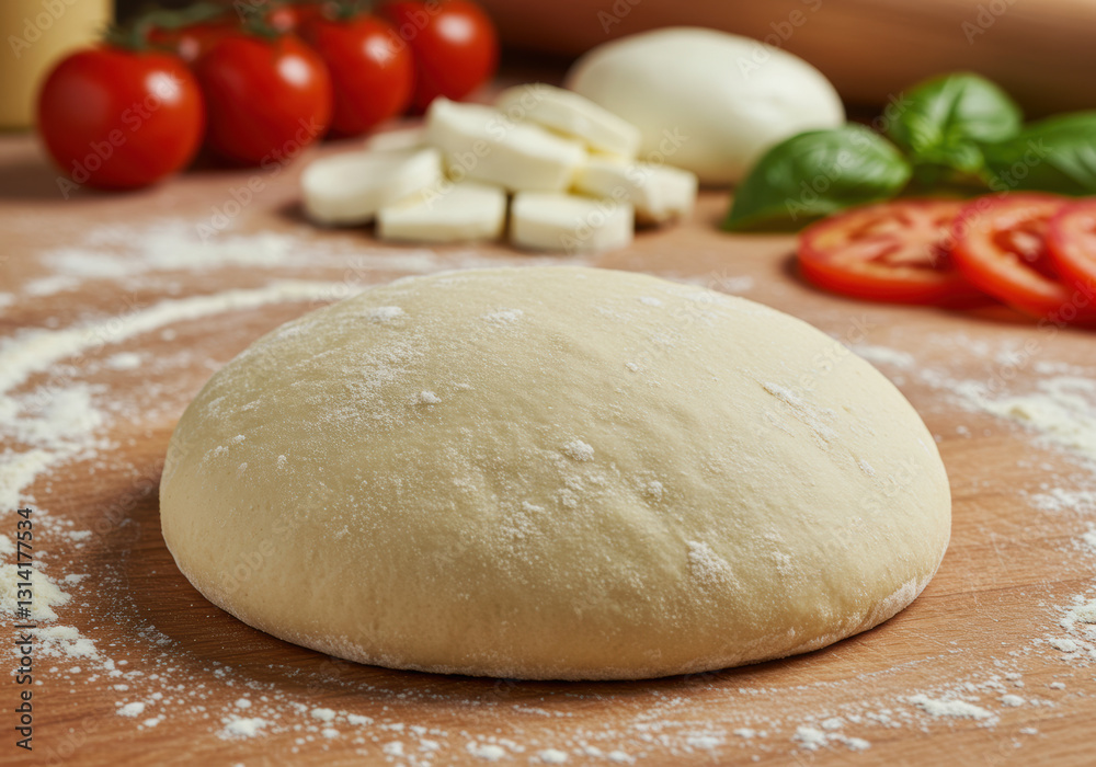 Fresh pizza dough sits ready for shaping, surrounded by classic Italian ingredients. Fresh pizza dough sits ready for shaping, surrounded by classic Italian ingredients.