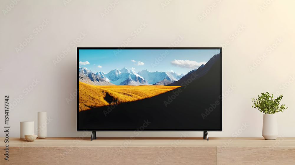 Fototapeta premium Modern Minimalist Living Room With Large Flat Screen Television Displaying Scenic Mountain Landscape On Wooden Stand With Plants Vases And Natural