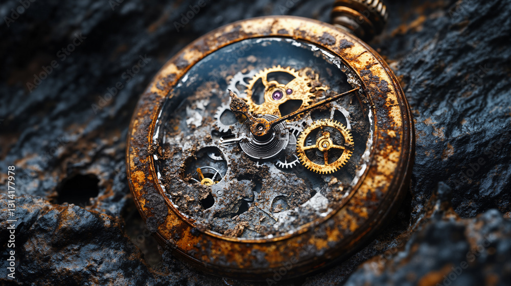 Fototapeta premium The image shows an old pocket watch sitting on top of a rock
