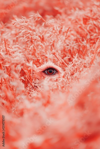 Hidden eye in vibrant red grass photo