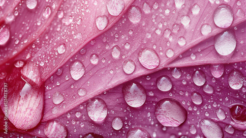 The image shows a close up of a pink flower with water droplets glistening on its petals