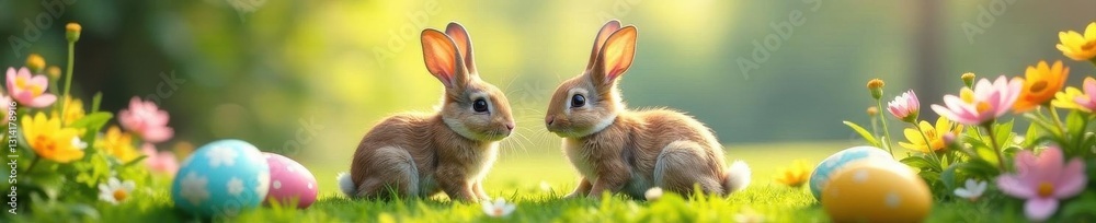 Fototapeta premium Two charming rabbits frolic near painted eggs and blossoming flowers in a peaceful garden setting , cute, Rabbit, Easter