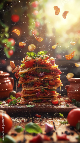 Layered pasta bake with rich tomato sauce, cheese, and herbs, in mid-air photo