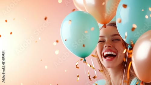 A joyful woman laughs and celebrates while holding vibrant balloons, surrounded by sparkles and confetti, embodying the spirit of fun and social gatherings in a lively setting.