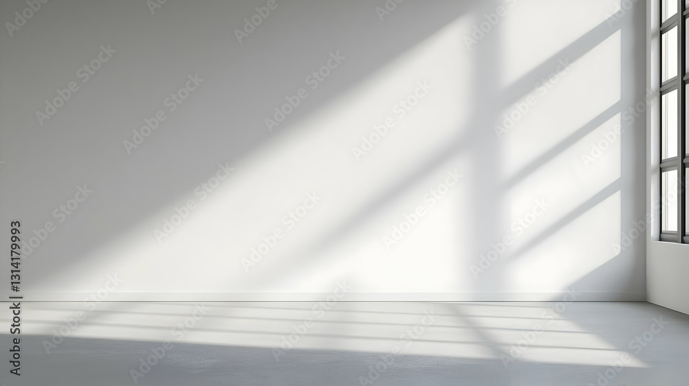 Bright White Empty Room With Natural Sunlight From Large Window And Shadows On The Wall And Speckled Floor Bright White Empty Room With Natural Sunlight From Large Window And Shadows On The Wall And Speckled Floor