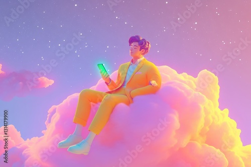 A stylish man in a yellow suit sits on a fluffy cloud, using his glowing smartphone under a starry sky.