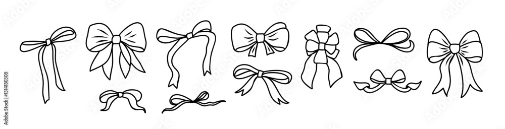 Set of tied bows in doodle style various shapes. Hand drawn Decorative birthday, Christmas, holiday ribbons ink sketch vector line art illustration isolated on transparent background. Set of tied bows in doodle style various shapes. Hand drawn Decorative birthday, Christmas, holiday ribbons ink sketch vector line art illustration isolated on transparent background.
