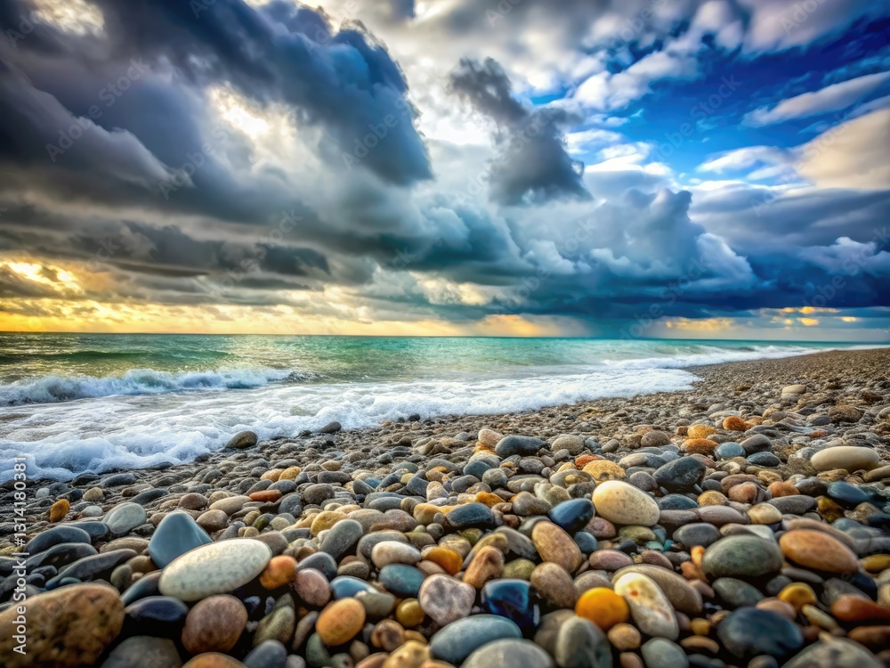 Dramatic light bathes Pebble Beach's grey Galet stones, a French Riviera coastal masterpiece. Dramatic light bathes Pebble Beach's grey Galet stones, a French Riviera coastal masterpiece.