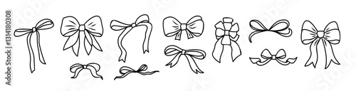 Set of tied bows in doodle style various shapes. Hand drawn Decorative birthday, Christmas, holiday ribbons ink sketch vector line art illustration isolated on transparent background.