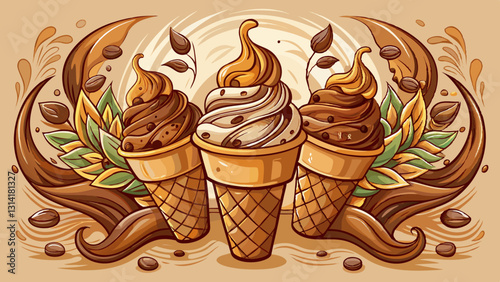 Chocolate ice cream cones on a beige background, mocha mousse. Summer design concept for backdrop and wallpapers with space for text