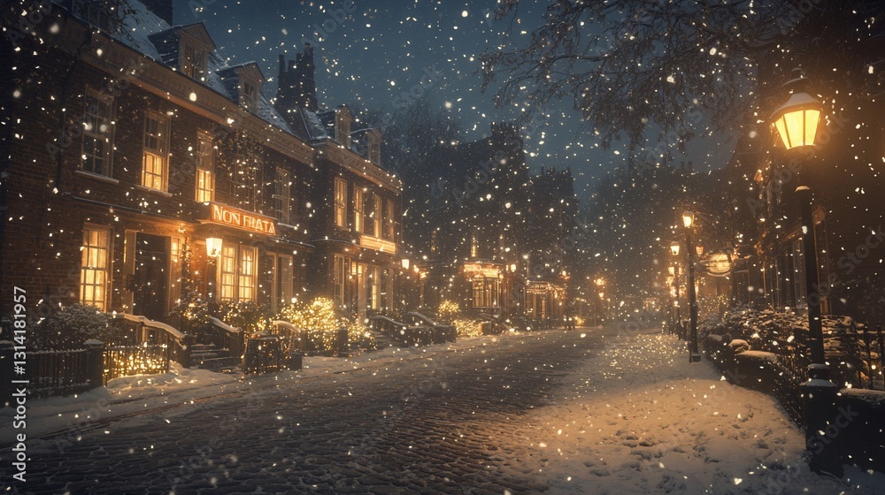 Winter street Snowfall, lights, architecture in village, trees in snowy background Winter street Snowfall, lights, architecture in village, trees in snowy background