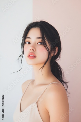 Graceful Japanese Woman in Beige Dress