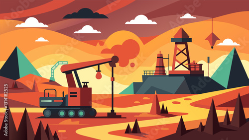 The machinery used for fracking looms large dominating the landscape and creating an otherworldly appearance.. Vector illustration