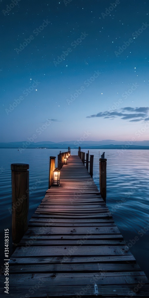 Low-Angle on Starry Night Pier Tranquil Lake, Lanterns, Wooden Dock, Twilight Sky, Serene, Coastal Scenery, Waterscape, Relaxation Low-Angle on Starry Night Pier Tranquil Lake, Lanterns, Wooden Dock, Twilight Sky, Serene, Coastal Scenery, Waterscape, Relaxation