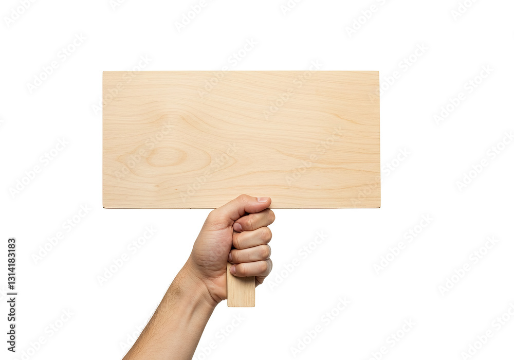 Obraz premium human hand holding blank demonstration wooden sign isolated on white background,