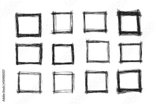 Hand drawn square frames in sketchy style. Rectangular handdrawn grungy borders.  illustration of pencil outline stroke framework box. Collection of doodle school draft
