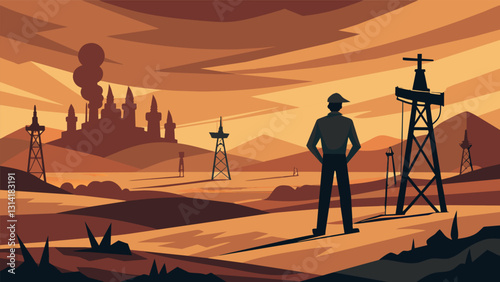 Standing watch over the barren landscape the oil derricks ominous silhouette is a constant reminder of the toll we take on our planet in our search. Vector illustration