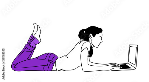 Young woman working on a laptop while lying on the floor. Freelancer girl working remotely. Modern female character chatting, surfing internet at home. Simple vector outline drawing isolated