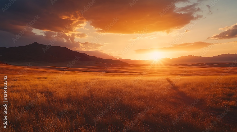 Vibrant sunset over a vast golden field and silhouetted mountains. Vibrant sunset over a vast golden field and silhouetted mountains.