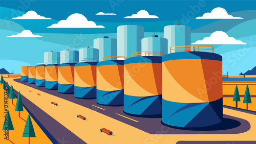 Huge storage tanks line the perimeter holding the finished recycled oil in preparation for transport to industries in need.. Vector illustration