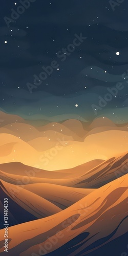 Vertical view. Digital art of sand dunes under starry night sky. Nature, landscape, desert, peaceful, travel, wallpaper.