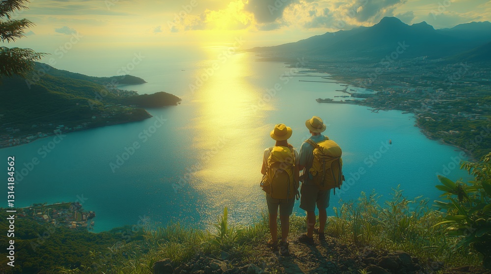 Scenic hike overlooking serene bay at sunset with two travelers exploring nature and enjoying adventure in tropical landscape Scenic hike overlooking serene bay at sunset with two travelers exploring nature and enjoying adventure in tropical landscape