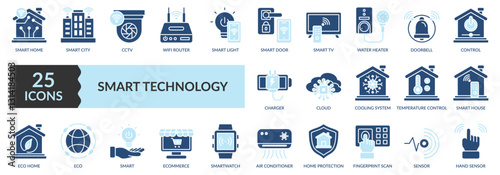 SMART TECHNOLOGY icon set two color style with smart home, smart city, CCTV, wifi router, light, smart door, doorbell, fingerprint scan, sensor icons