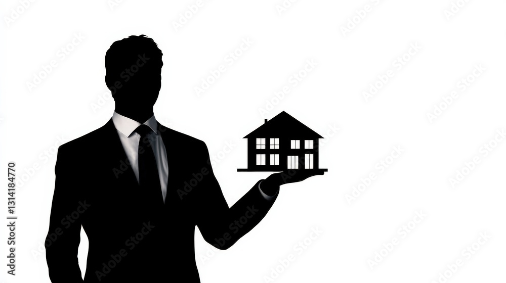 Silhouette of a businessman holding a house model against a white background, symbolizing real estate (1) Silhouette of a businessman holding a house model against a white background, symbolizing real estate (1)
