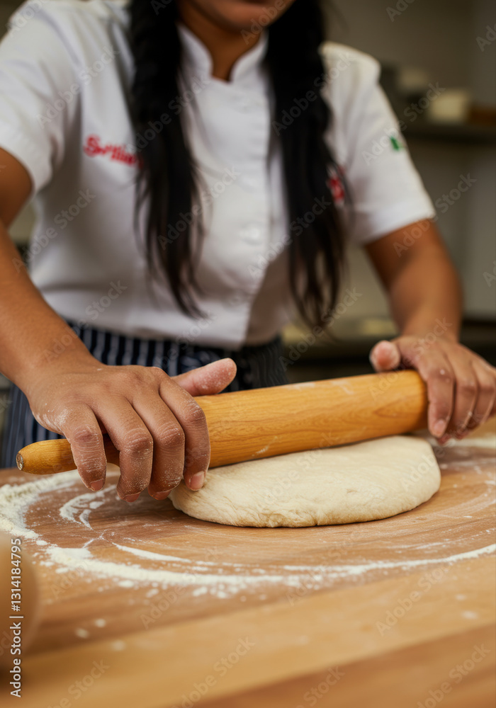 Close up of chef flattening dough with a rolling pin, preparing for baking. Close up of chef flattening dough with a rolling pin, preparing for baking.