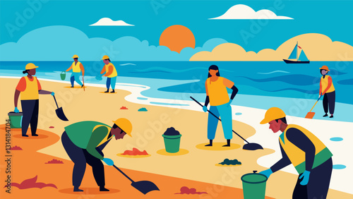 Oilcovered beaches being meticulously cleaned by teams of volunteers each armed with buckets shovels and determination to restore the shorelines to. Vector illustration