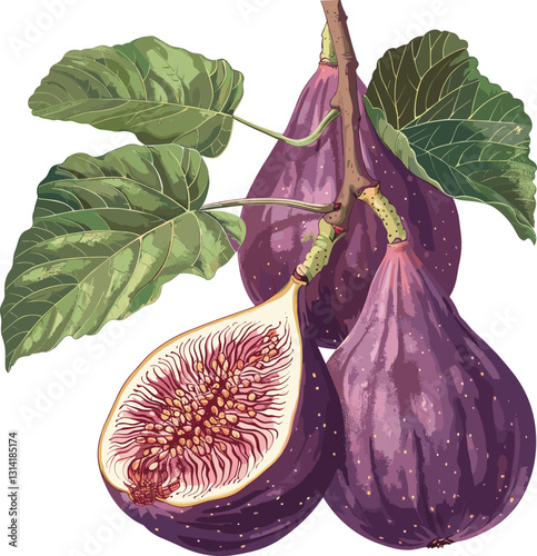 Old botanical illustration of fig fruit, vector fig, transparent background, vintage fruit, hand-drawn fig, fig tree branch, classic botanical drawing, ripe fig, antique fruit illustration,