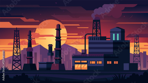 As the sun sets on the loading facility the glowing lights of the industrial towers create an otherworldly scene against the backdrop of the darkening. Vector illustration