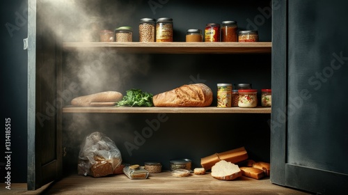 Wallpaper Mural A dark, mysterious kitchen cabinet showcasing an array of spices and breads, creating an inviting yet eerie atmosphere of culinary secrets waiting to be uncovered. Torontodigital.ca