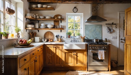 Cozy kitchen with wooden shelves and natural sunlight