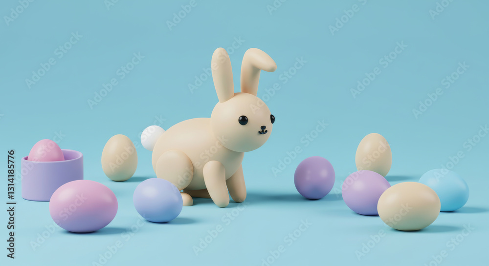 Fototapeta premium A cute bunny sits near various colored easter eggs
