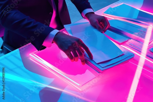 Wallpaper Mural A person in a suit sorts through a stack of papers under vibrant pink and blue neon lights. Torontodigital.ca