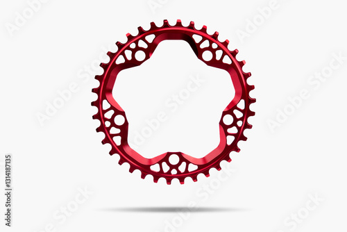 Red round bicycle chainring against white isolated background, floating above the surface. Professional bicycle part.