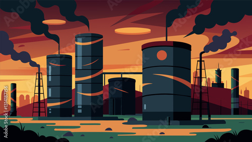 An industrial park featuring massive steel cylinders b with dark bubbling liquid oil.. Vector illustration
