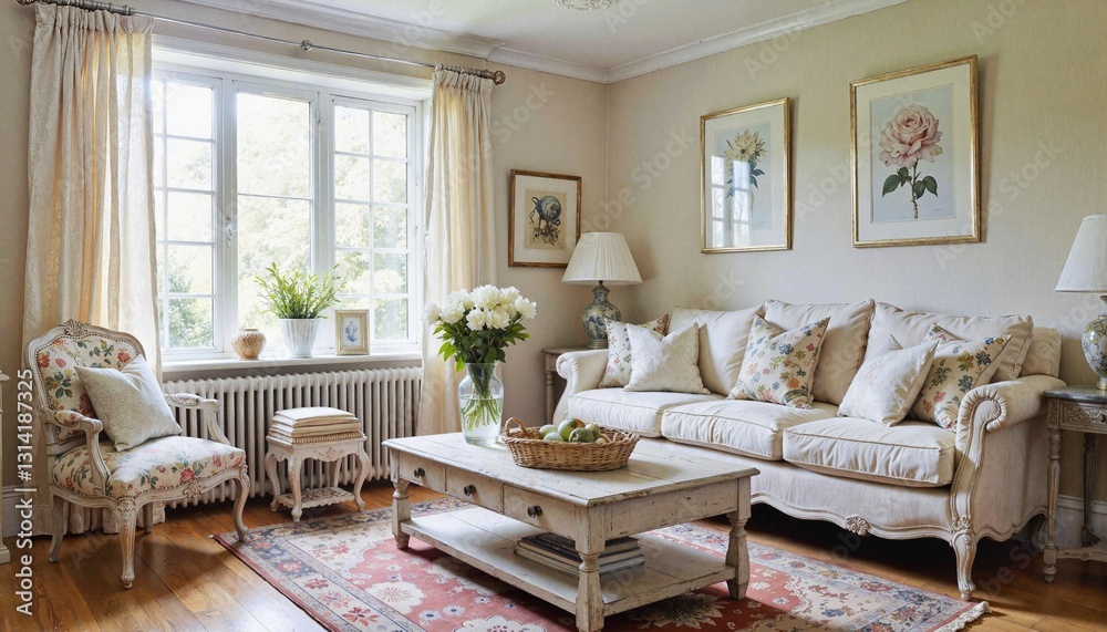 Fototapeta premium Cozy living room with floral decor and natural light