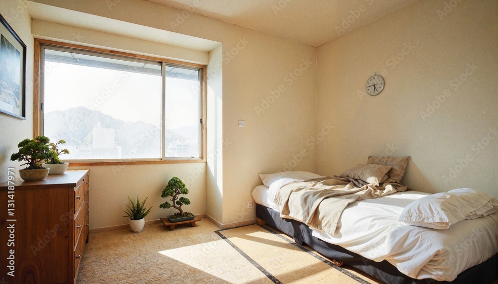 Fototapeta premium Minimalist bedroom with bed and greenery in bright sunlight
