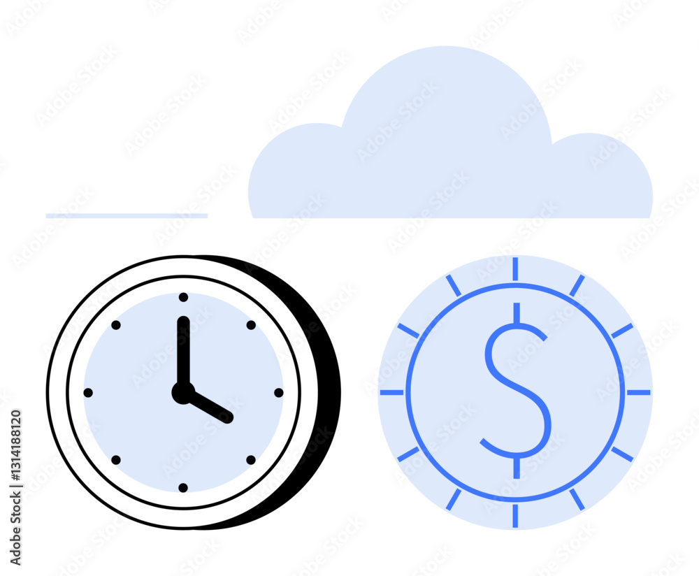Clock and coin with dollar sign emphasize time-money value connection. Cloud as a digital and innovation concept. Ideal for efficiency, productivity, investment, finance, technology, strategy Clock and coin with dollar sign emphasize time-money value connection. Cloud as a digital and innovation concept. Ideal for efficiency, productivity, investment, finance, technology, strategy