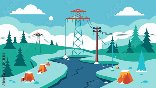 Compromised telecommunications infrastructure as melting permafrost causes shifting ground and damaged cables.. Vector illustration