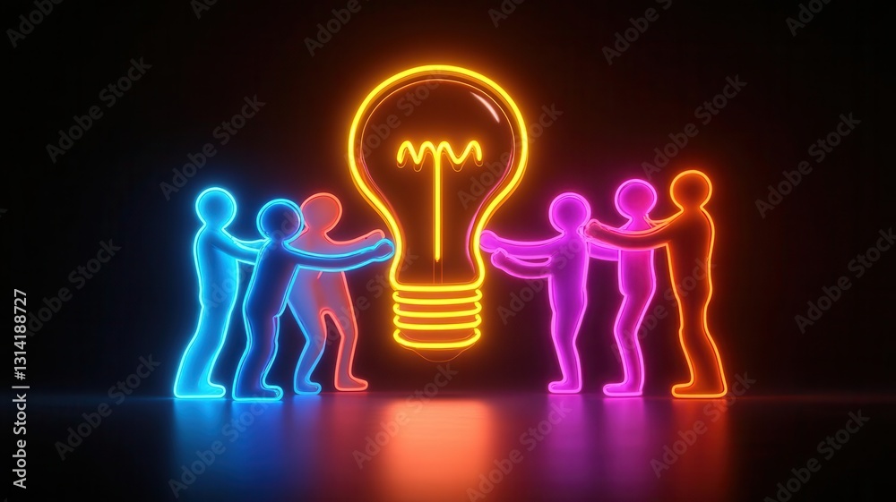 A group of glowing neon figures holding a giant light bulb, representing teamwork and innovation A group of glowing neon figures holding a giant light bulb, representing teamwork and innovation